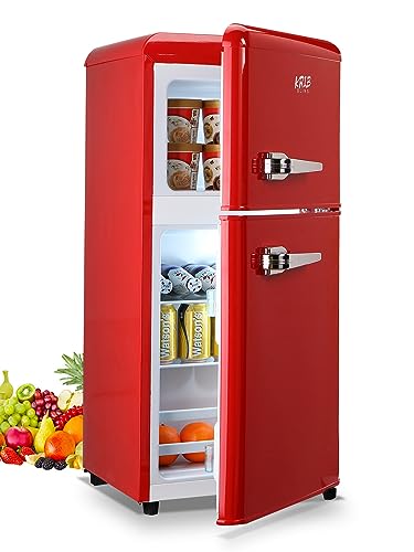 KRIB BLING Retro Fridge With Freezer,3.5 Cu. Ft Refrigerator With 2 Doors,7- Level Adjustable Thermostat, Removable Glass Shelves For Bedroom, Office, Kitchen, Apartment, Dorm, Red