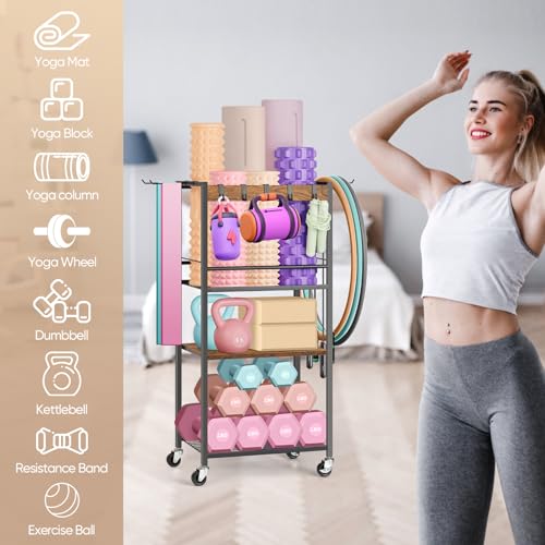 HEOMU Yoga Mat Storage Rack, Home Gym Storage Rack for Dumbbells Kettlebells, Gym Organizer Gym Equipment Storage Cart with Wheels and Hooks, Black