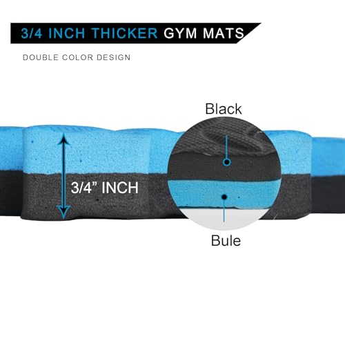 3/4 in Thick 48 Sq Ft EVA Foam Exercise Gym Mats 12 Pcs - Interlocking Puzzle Floor Tiles for Home Gym Heavy Workout Equipment Flooring - 24 x 24in Tile, Black & Blue