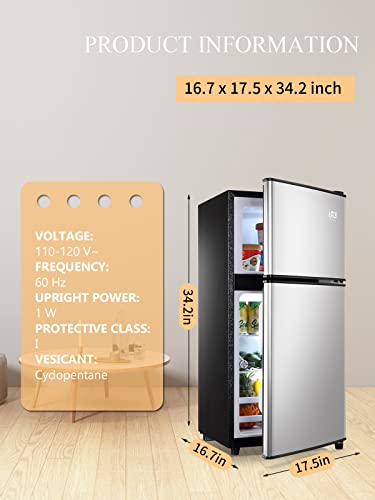 KRIB BLING Mini Fridge with Freezer on Top, 3.5 Cu.Ft Compact Refrigerator with 7 Levels Adjustable Thermostat, Small Refrigerator for Dorm, Office, Apartment, Silver
