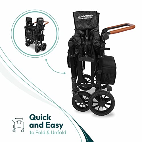 WONDERFOLD W4 Luxe Quad Stroller Wagon (4 Seater) - Collapsible Wagon Stroller with Seats with Magnetic Buckle 5-Point Harnesses and Adjustable Sun Canopy, Elite Black Camo
