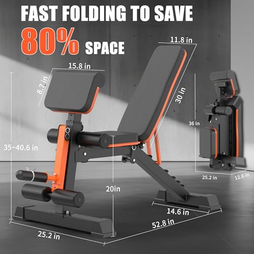 Adjustable Weight Bench, 1000LBS Weight Capacity Foldable Workout Bench, Ideal for Full Body Strength Training, Flat/Incline/Decline Bench Press Versatile Bench for Home Gym W/Leg Extension