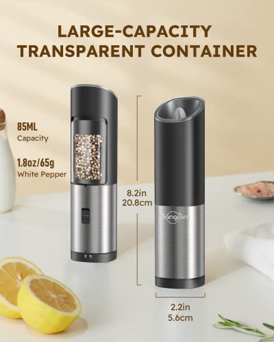 Sangcon Electric Salt & Pepper Grinder Set, Battery Powered with LED Light, Adjustable Coarseness, Safety Switch, Stainless Steel, 2 Pack