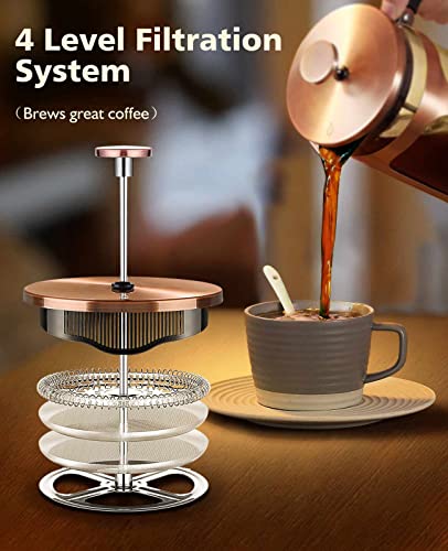 BAYKA 34 Ounce 1 Liter French Press Coffee Maker, Glass Copper Stainless Steel Coffee Press, Cold Brew Heat Resistant Thickened Borosilicate Coffee Pot, Gifts for Camping Dad Mom Men Women Fathers Day