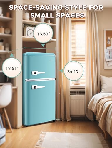 3.2 Cu.Ft Compact Refrigerator Mini Fridge with Freezer, Retro Double Door Small Fridge, 7 Level Thermostat Removable Shelves, Small Refrigerator for Dorm, Office, Bedroom, Blue