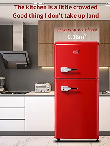 KRIB BLING Retro Fridge With Freezer,3.5 Cu. Ft Refrigerator With 2 Doors,7- Level Adjustable Thermostat, Removable Glass Shelves For Bedroom, Office, Kitchen, Apartment, Dorm, Red