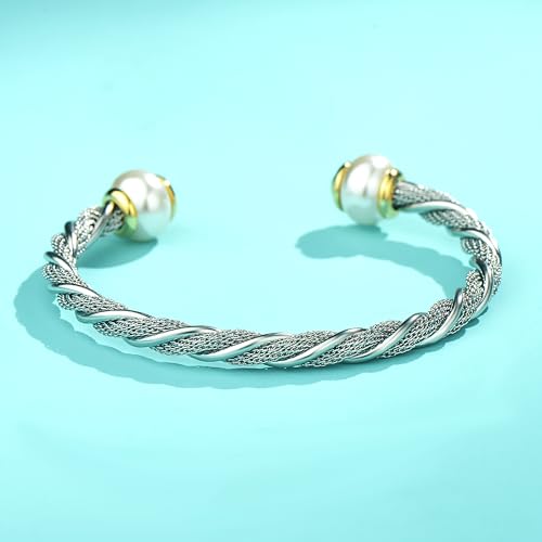 UNY JEWEL Stainless Steel Mesh Chain Fusion Twisted Cable Imitation Pearl Open Cuff Bangle Bracelet Women Jewelry Designer Inspired Christmas Gifts