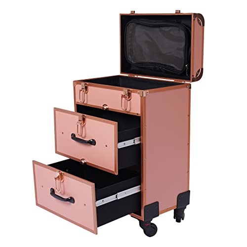Rolling Makeup Case 3-Tier Cosmetic Trolley Case Large Professional Salon Storage Organizer with Adjustable Divider for Beauty Personal Care (Rose Gold)