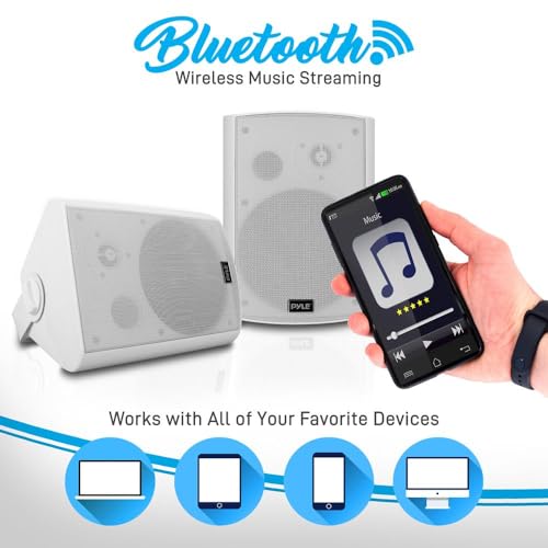 Outdoor Wall-Mount Patio Stereo Speaker - Waterproof Bluetooth Wireless & No Amplifier Needed - Portable Electric Theater Sound Surround System - Pyle PDWR61BTWT