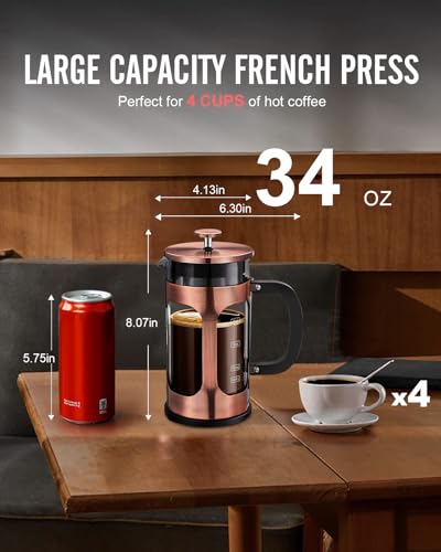 BAYKA 34 Ounce 1 Liter French Press Coffee Maker, Glass Copper Stainless Steel Coffee Press, Cold Brew Heat Resistant Thickened Borosilicate Coffee Pot, Gifts for Camping Dad Mom Men Women Fathers Day