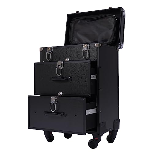 Rolling Makeup Case 3-Tier Cosmetic Trolley Case Large Professional Salon Storage Organizer with Adjustable Divider for Beauty Personal Care (Black)