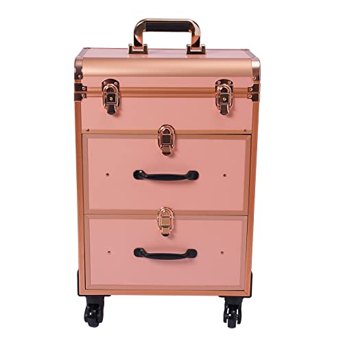 Rolling Makeup Case 3-Tier Cosmetic Trolley Case Large Professional Salon Storage Organizer with Adjustable Divider for Beauty Personal Care (Rose Gold)