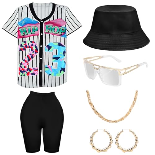 WILDPARTY 80s 90s Outfit for Women, Unisex Hip Hop Costume Baseball Jersey Shirt Yoga Pants Rapper Accessories