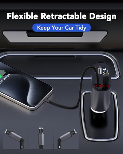 Retractable Car Charger, 4 in 1 Fast Car Phone Charger 66W, 2 Retractable Cables and USB Car Charger,Compatible with iPhone 15/14/13/12/11,Galaxy,Pixel