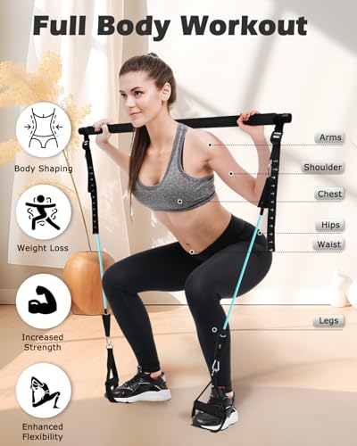 Zacro Pilates Bar Kit with Resistance Bands, 3-Section Pilates Bar with Adjustable Strap, Door Anchor, Handles and Foot Strap, Portable Home Gym Pilates Resistance Bar Kit for Full Body Workouts