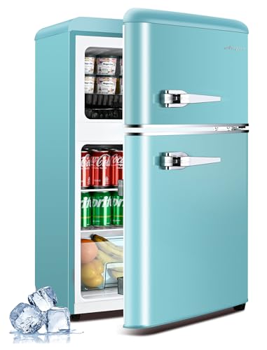 3.2 Cu.Ft Compact Refrigerator Mini Fridge with Freezer, Retro Double Door Small Fridge, 7 Level Thermostat Removable Shelves, Small Refrigerator for Dorm, Office, Bedroom, Blue