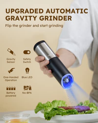 Sangcon Electric Salt & Pepper Grinder Set, Battery Powered with LED Light, Adjustable Coarseness, Safety Switch, Stainless Steel, 2 Pack