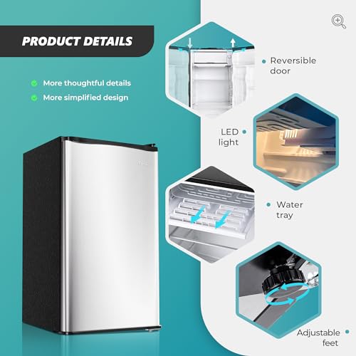 EUHOMY 3.2 Cu.Ft Mini Fridge with Freezer, Single Door Compact Refrigerator, LED light, Energy Saving, Mini Refrigerator Adjustable Thermostat, Mini fridge for Bedroom, Dorm, Office, Silver