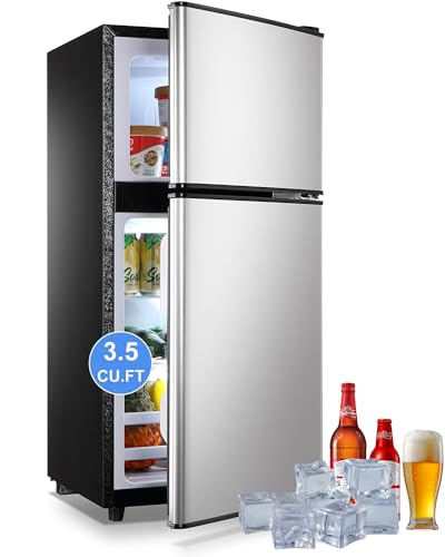 3.5 Cu.Ft Mini Fridge with Freezer, 2 Door Design Small Refrigerator, 7 Level Adjustable Thermostat, Compact Fridge for Dorm, Office, Kitchen and Apartment(Silver)