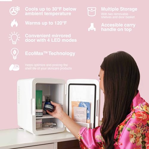 Cooluli Glow 10L Mini Skincare Fridge with Mirror & LED Light - Small Refrigerator for Skin Care, Makeup, Beauty, Cosmetics, Food & Drinks, White