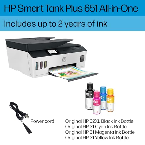 HP Smart -Tank Plus 651 Wireless All-in-One Ink -Tank Printer, up to 2 Years of Ink in Bottles, Auto Document Feeder, Mobile Print, Scan, Copy, Works with Alexa (7XV38A)
