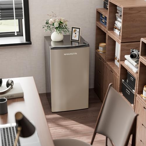 3.2 Cu. Ft Mini Fridge with Freezer for Bedroom, Dorm, Office, Compact Refrigerator with Adjustable Thermostat, Removable Glass Shelves and Reversible Door (Gold)