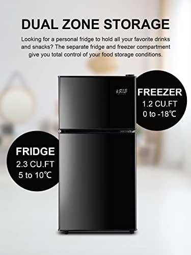 KRIB BLING Mini Fridge With Freezer,3.5 Cu. Ft Compact Refrigerator With 2 Doors,7- Level Adjustable Thermostat, Removable Glass Shelves For Bedroom, Office, Kitchen, Apartment, Dorm, Black
