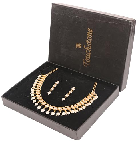 Touchstone Indian Bollywood Charming Mughal Kundan Faux Pearls Hangings Classic Single Line Designer Jewelry Necklace Set In Gold Tone For Women.