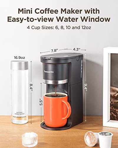 Famiworths Mini Coffee Maker Single Serve, Instant One Cup for K Cup & Ground Coffee, 6 to 12 Oz Brew Sizes, Capsule Coffee Machine with Water Window and Descaling Reminder, Black