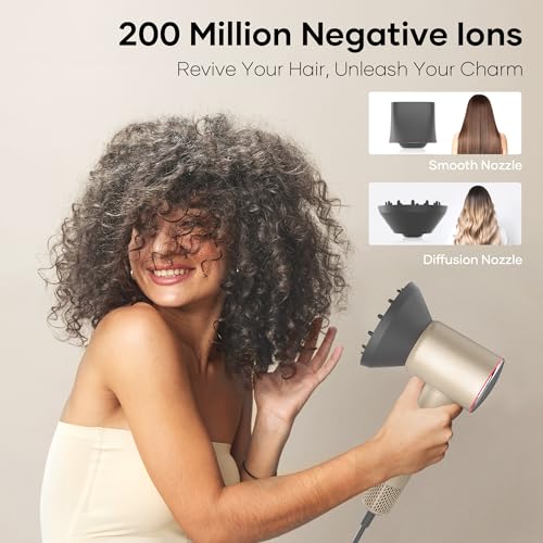 Professional Hair Dryer, 200 Million Negative Ionic Blow Dryer with 110000 RPM Brushless Motor, 1500W High-Speed HairDryer with Magnetic Nozzle & Diffuser for Salon, Home, Travel (Fortune Gold)