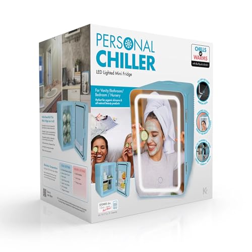 PERSONAL CHILLER 6.2L Skincare Fridge with LED Makeup Mirror, Mini Fridge Cooler and Warmer, Portable Fridge for Makeup, Skincare, Snacks, Bedroom Vanity (Blue)