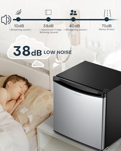 Upstreman 1.7 Cu.ft Mini Fridge with Freezer, Adjustable Thermostat, Energy Saving, Low Noise, Single Door Compact Refrigerator for Dorm, Office, Bedroom, Stainless- FR17