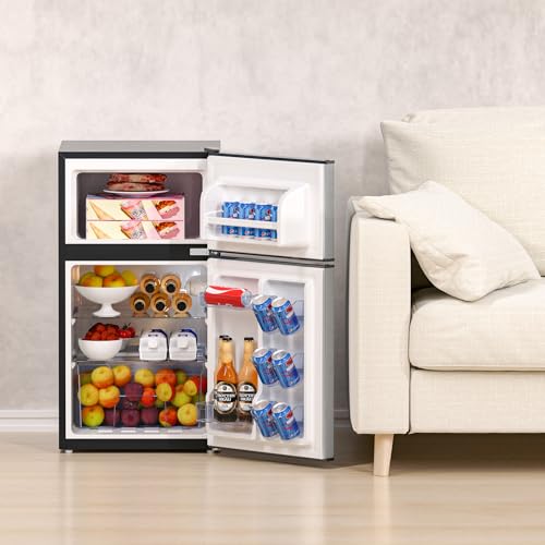 Mini Fridge with Freezer, 3.2 Cu.Ft Mini Refrigerator with 2 Doors, Compact Small Refrigerator for Dorm, Bedroom, Office, Energy Saving, 37 dB Low Noise, Stainless Steel