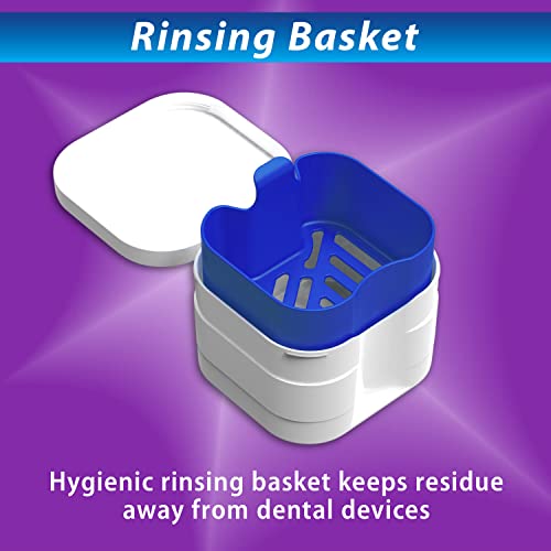 BrightWorks Dental Bath Cleaner Cup Case (3 Pack) for Dentures, Aligners, Retainers, Night Guards, Mouth Guards, Dental Guards, and Dental Appliances. Includes Rinsing Basket, Easy to Use.