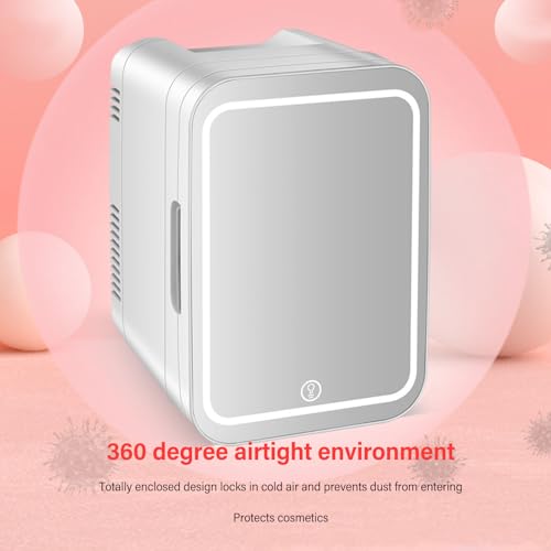 Skincare Fridge with LED Light Mirror, 4L Mirrored Door Makeup Mini Refrigerator for Bedroom, Car, Office, Dorm, Portable Small Personal Beauty Fridge for Cosmetics, Skin
