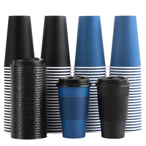 100 Pack 16 oz Disposable Coffee Cups with Lids and Sleeves, To Go Paper Cups,Hot & Cold Drinks Cups for Tea, Coffee, Water, Hot Chocolate, Paper Coffee Cups Ideal for Home,Cafes,Restaurant,Store