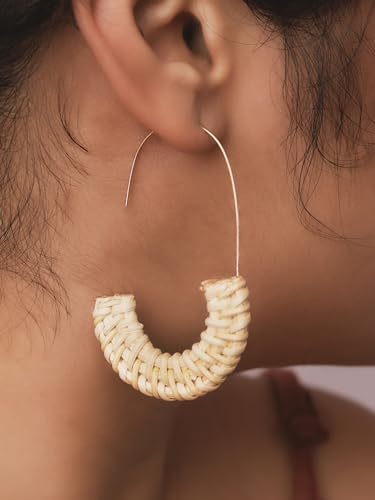 Boho Ethnic Handcrafted Wood Rattan Geometric Dangle Drop Earrings, Bohemian Summer Beach Statement Jewelry Gift for Women
