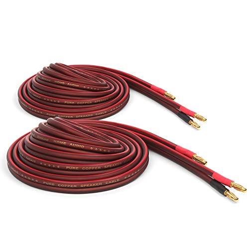 Micca 14 Gauge Pure Copper Speaker Wire, 12 Feet 2 Pack, Gold Plated Banana Plugs, Soldered Construction, Slim Design, 245 Strands, for Stereo or Home Theater, 4 Meters Pair