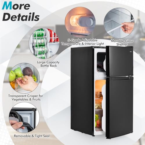 COSTWAY Compact Refrigerator, 3.2 Cu.Ft. Fridge Freezer Compartment with Reversible 2 Door, Adjustable Thermostat, Removable Glass Shelves, Mini Refrigerator for Bedroom Dorm Apartment, Black