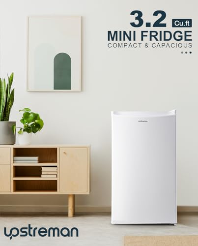 Upstreman 3.2 Cu.Ft Mini Fridge with Freezer, Single Door Mini Fridge, Adjustable Thermostat, Mini Refrigerator for Dorm, Office, Bedroom, White-BR321