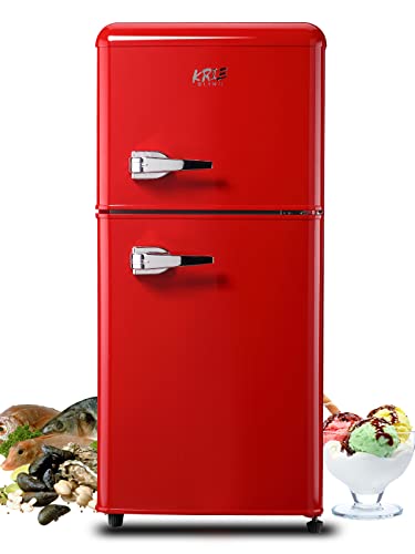 KRIB BLING 3.5 Cu.Ft Refrigerator 2 Door 7 Level Adjustable Thermostat Control Top-Freezer Refrigerator Lock Fresh Energy Saving Red