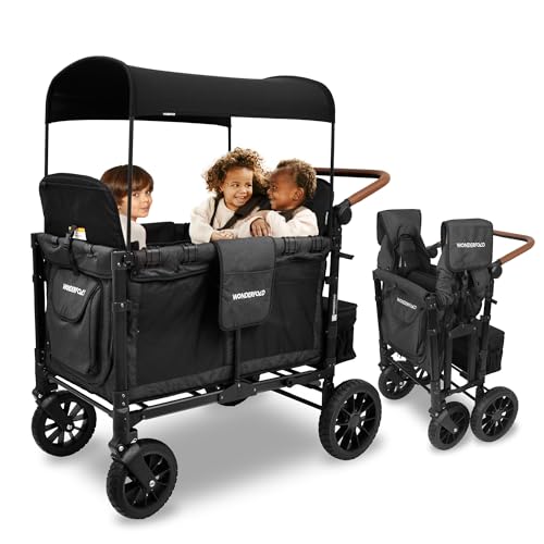 WONDERFOLD W4 Luxe Quad Stroller Wagon (4 Seater) - Collapsible Wagon Stroller with Seats with Magnetic Buckle 5-Point Harnesses and Adjustable Sun Canopy, Black
