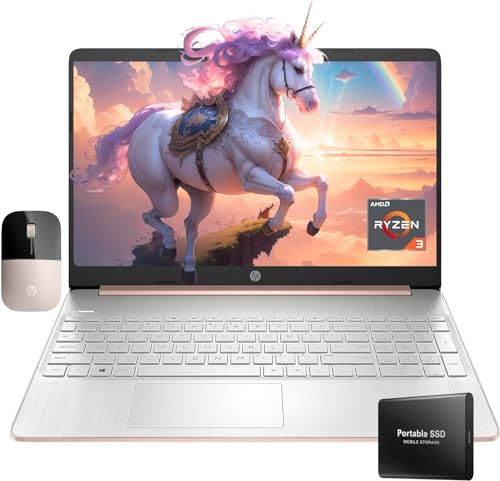 hp Newest 15.6 Laptop with Wireless Mouse and Fingerprint Reader, 16GB RAM, 256GB Storage(128GB SSD with 128GB Portable Drive), AMD Ryzen 3 Core, Long-Lasting Battery, Win11, Rose Gold