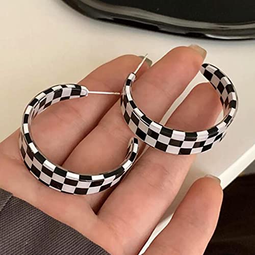 Vintage Black White Striped Earrings Acrylic Checkered Earrings Checkerboard Dangle Earrings Striped Checkered Hoop Earrings Jewellery for Women and Girls