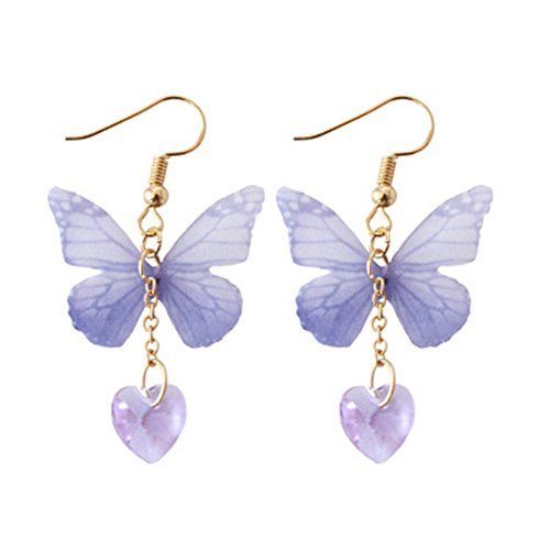 Cute Butterfly Earrings Heart- shaped Long Drops Crystal Dangle Hanging Ear Hook Wedding Jewellery Ornaments for Women Girls - Purple Comfortable and Environmentally