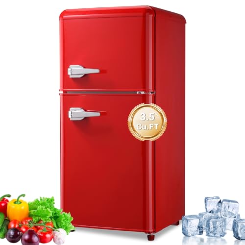 3.5 Cu.Ft Small Refrigerator with freezer, Compact Refrigerator, Retro Fridge with Dual Door,7 Level Adjustable Thermostat for Garage, Dorm,Bedroom, Office, Apartment-Red