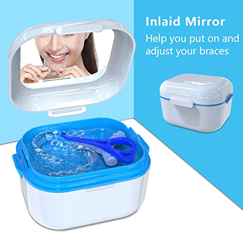 BVN Denture Case Denture Cup for Soaking Dentures Retainer Cleaner Case with Mirror Mouth Guard Case False Teeth Container White Blue