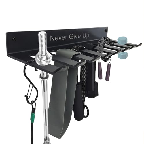 Gym Rack Organizer with 8 Hooks, 3mm Thickness Home Gym Equipment Multi-Purpose Workout Gear Wall Rack Hanger Storage for Barbells, Jump Ropes, Chains, Lifting Belts Resistance Bands