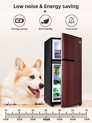 KRIB BLING Compact Refrigerators with Freezer on Top, Mini Fridge with 7- Level Adjustable Thermostat, Small Refrigerator for Apartment, Office, Dorm, Wood