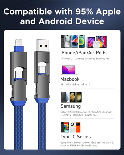 4 in 1 USB C Cable Lightning Cable PD 60W/3A Fast Charging & Data Sync Flat Braide Multi Charging Cable Lightning/Type C/USB A Ports for iPhone 15/15 Pro/15 Plus/15 PM iPad MacBook Samsung, 5ft Blue